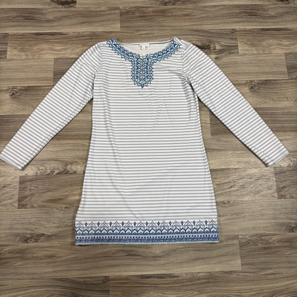 Cabana Life UPF 50+ Blue Stripe Embroidered Long Sleeve Shift Dress Size Medium